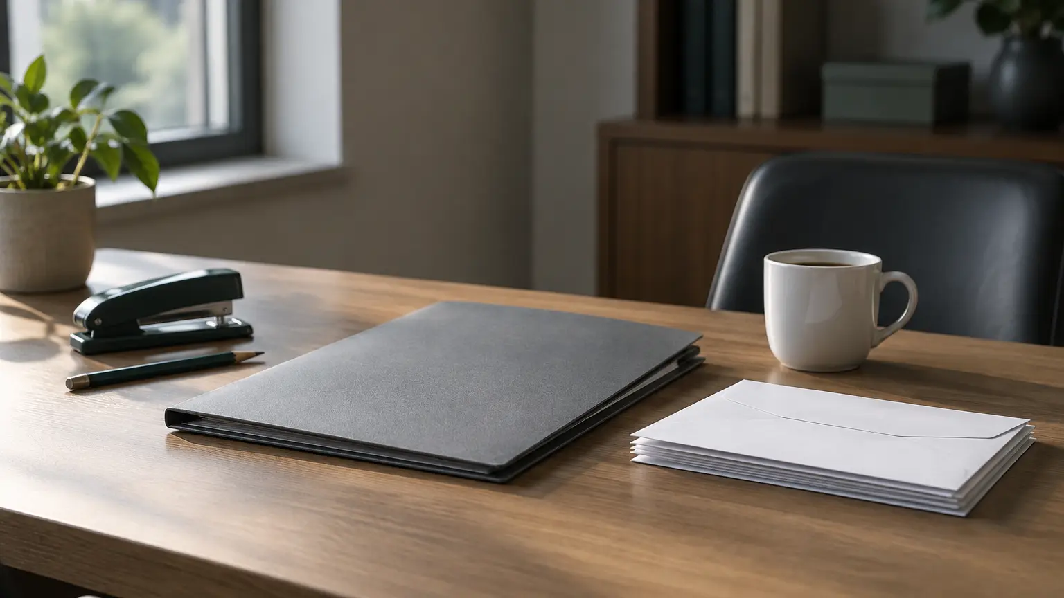A closed gray folder, a short stack of blank envelopes, a stapler, a pencil and a coffee cup on an oak desk in an empty finance office in soft morning light.
