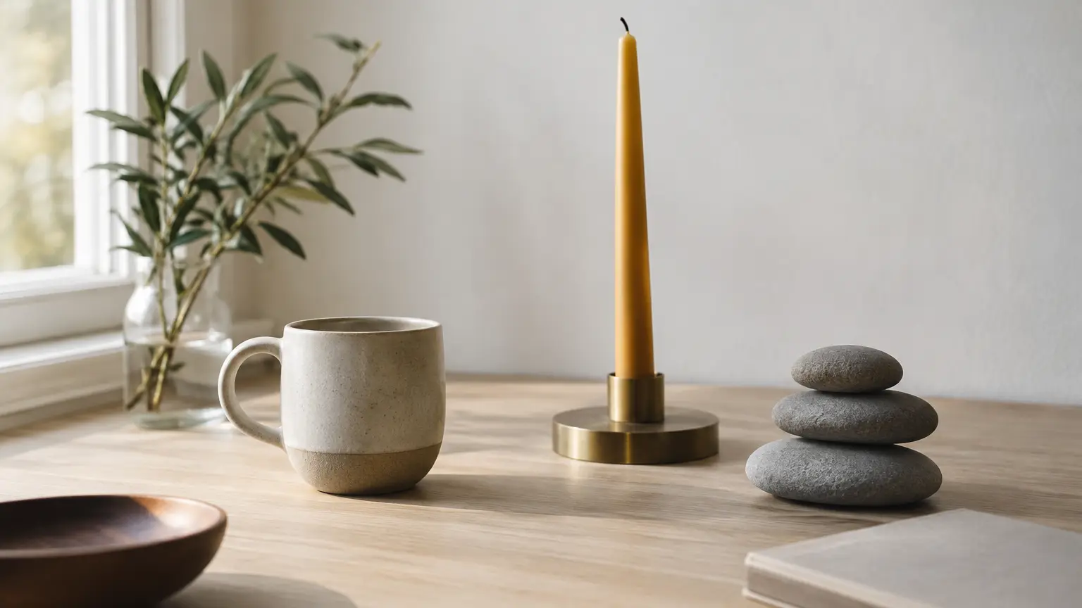 A matte ceramic cup, a brass candle holder and a small stack of grey river stones on a pale oak table in soft morning light.