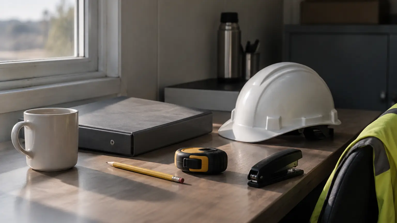 A closed gray binder, a hard hat, a folded tape measure, a yellow pencil and a stapler beside a coffee cup on a site cabin desk in soft morning light.