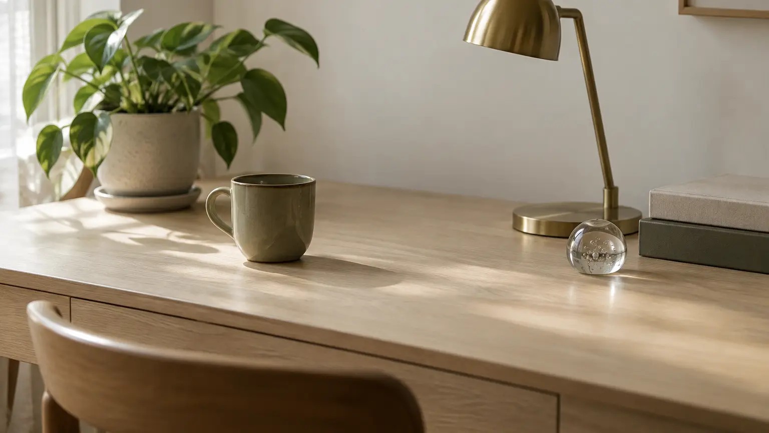 An empty light oak desk in soft window light with a ceramic coffee cup, a switched-off brass desk lamp and a small glass paperweight