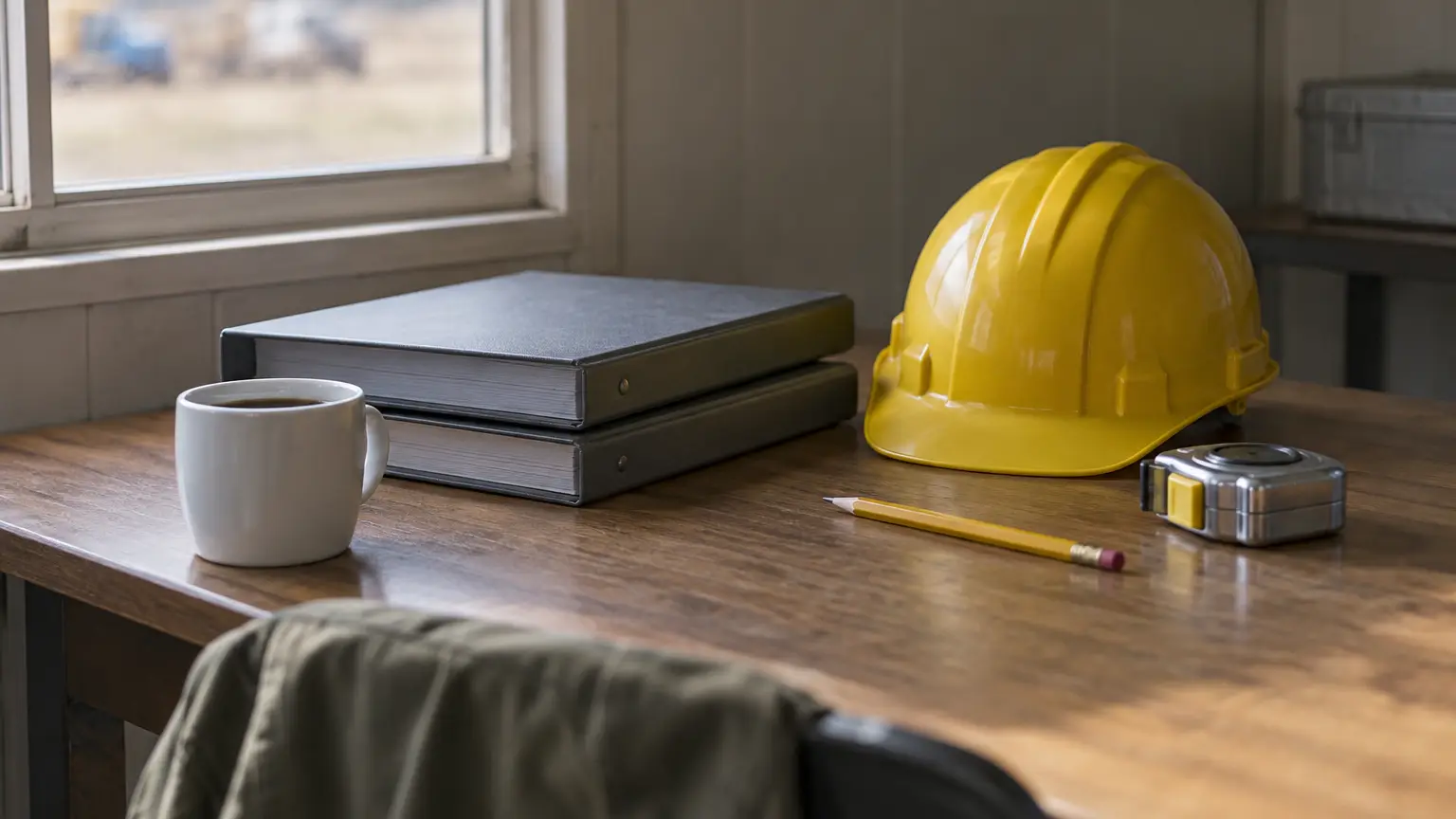 Een bureau in een bouwkeet in zacht ochtendlicht met twee gesloten grijze mappen, een gele bouwhelm, een rolmaat, een potlood en een witte koffiekop.