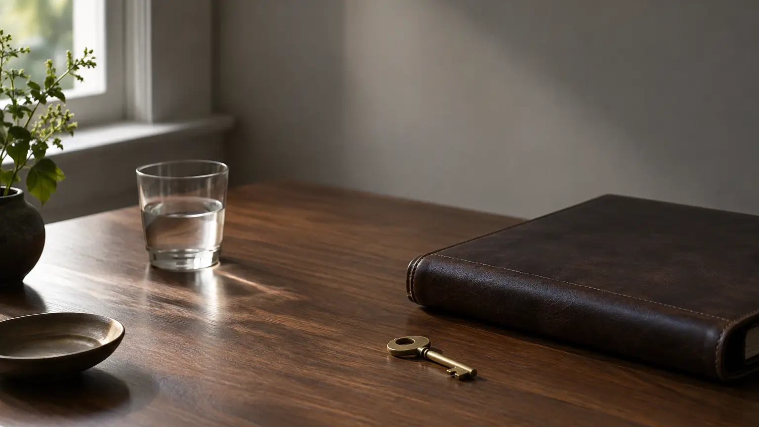 A brass key and a closed dark leather ledger binder on a walnut desk beside a small glass of water in soft window light