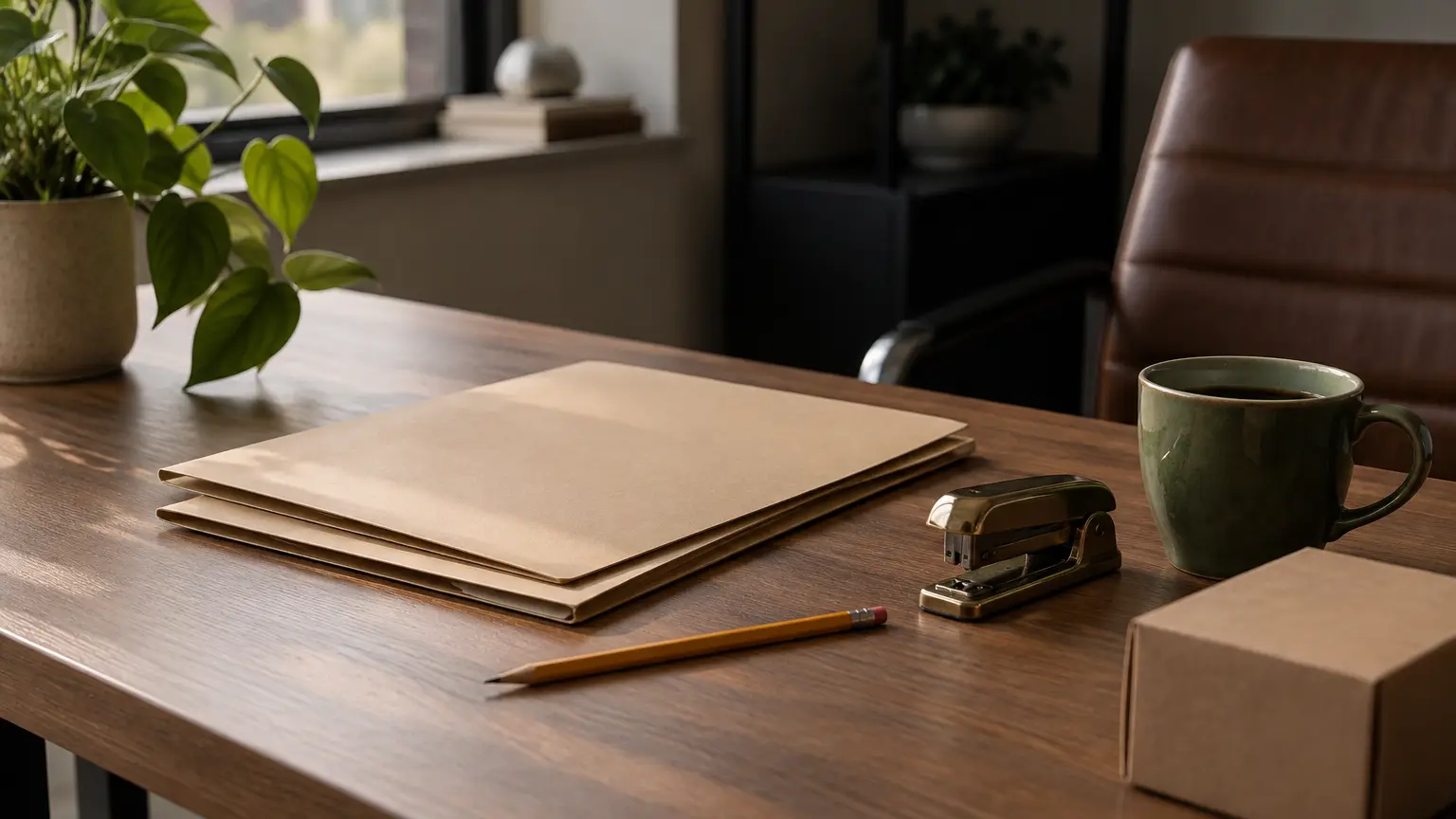 Two closed manila folders, a brass stapler, a sharpened pencil and a coffee cup beside a small cardboard parcel on a finance office desk in soft morning light.