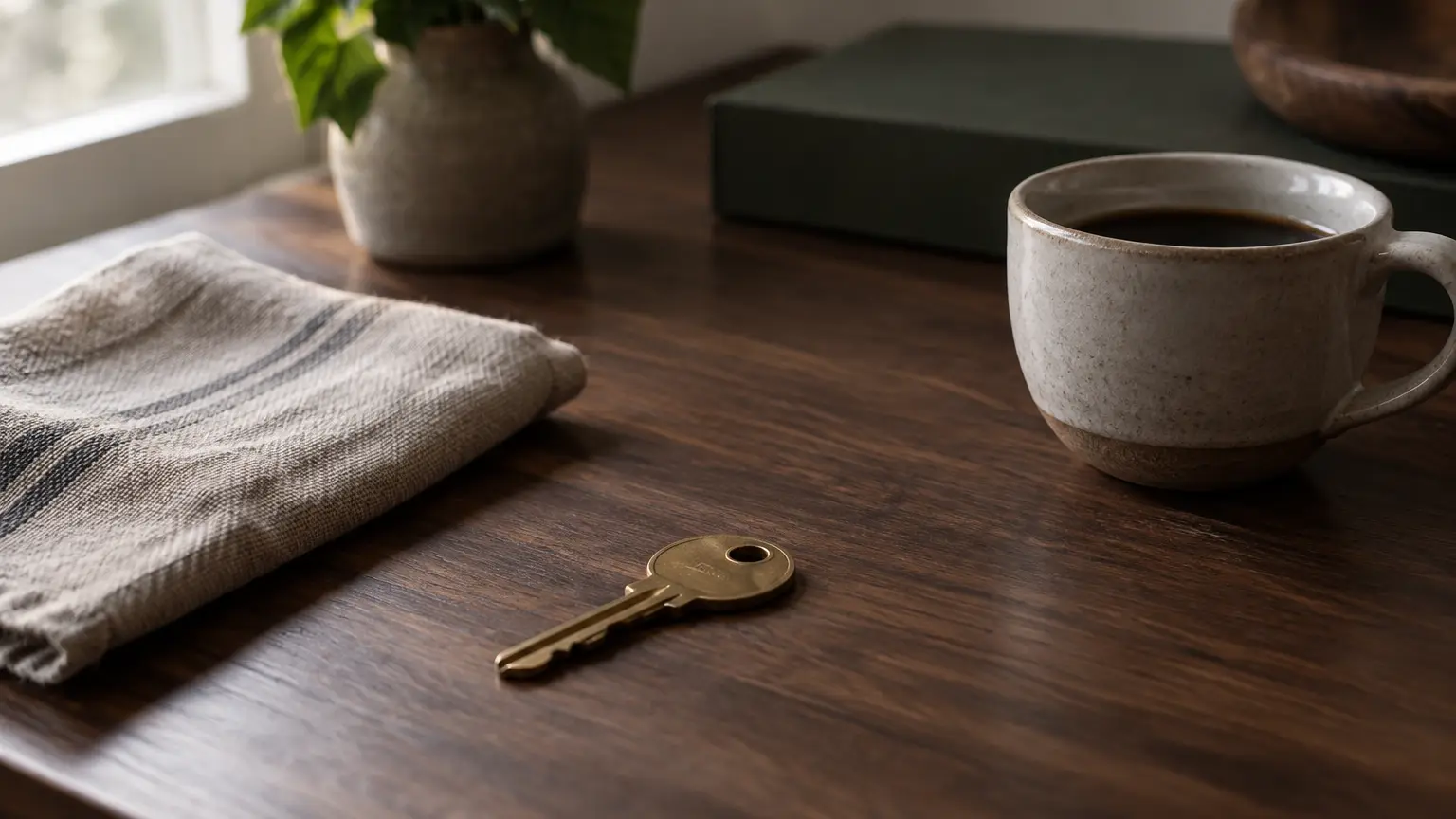 A single brass key on a dark walnut desk beside a folded linen cloth and a small ceramic cup, lit by soft morning light from a window.