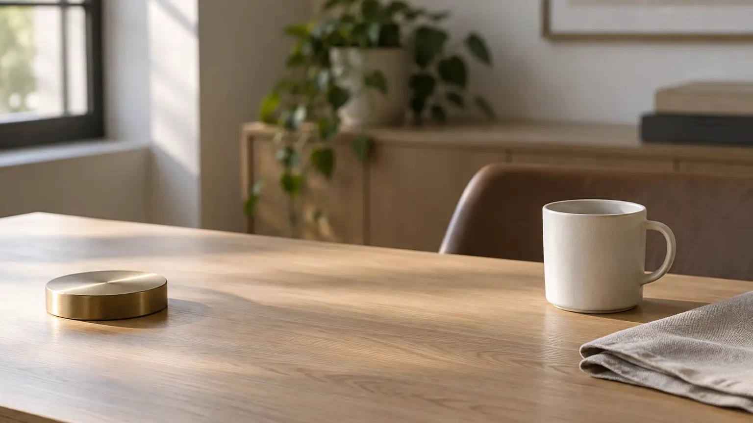 An empty light oak desk in soft morning daylight with a brass paperweight, a white ceramic cup and a folded linen cloth placed off-center