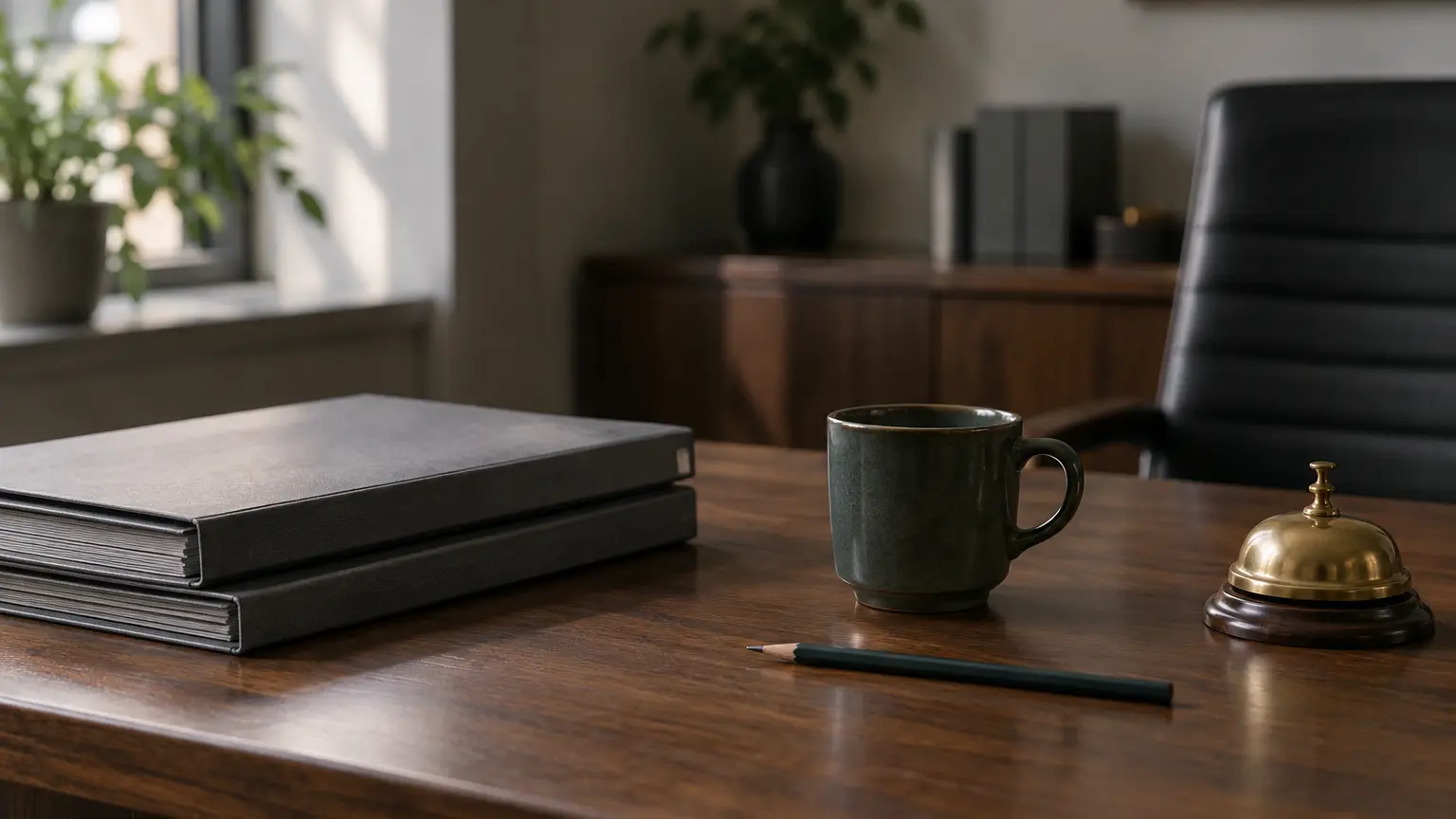 Closed gray folders, a pencil, a ceramic coffee cup and a small brass desk bell on a wooden desk in an empty finance office in soft morning light.