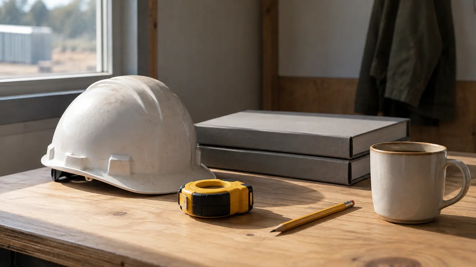 A white hard hat, a rolled tape measure, two closed gray folders, a pencil and a coffee cup on a plywood desk in a site cabin lit by soft morning window light.