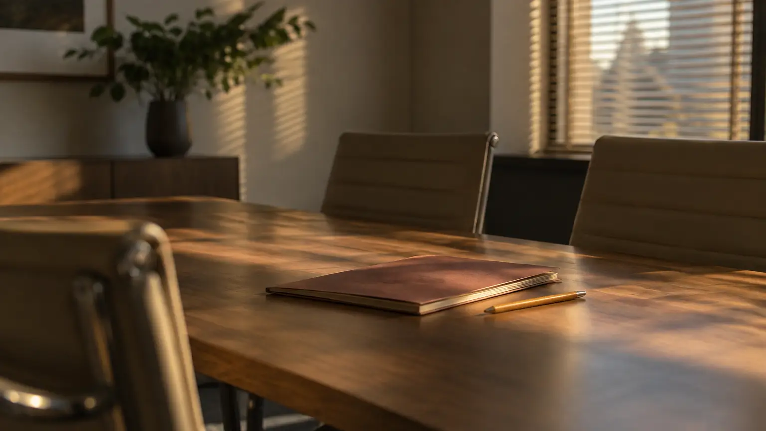 Empty sunlit meeting room with a single closed paper folder and a pencil resting on a wooden table in soft late-afternoon light